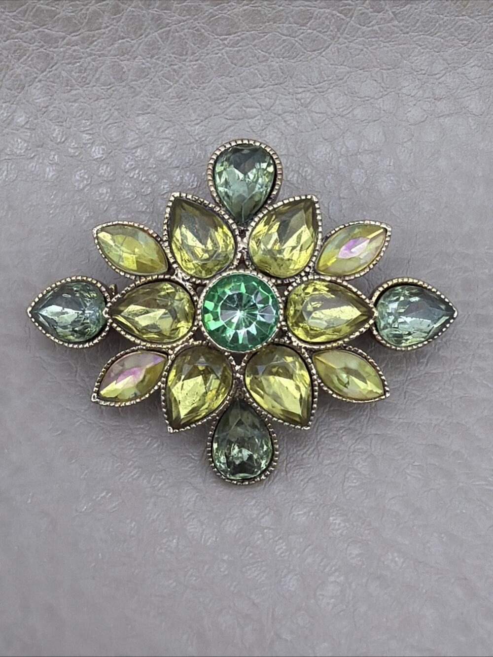 Vintage Liz Claiborne Rhinestone Flower Brooch Pin AB Aurora Green and Gold Tone